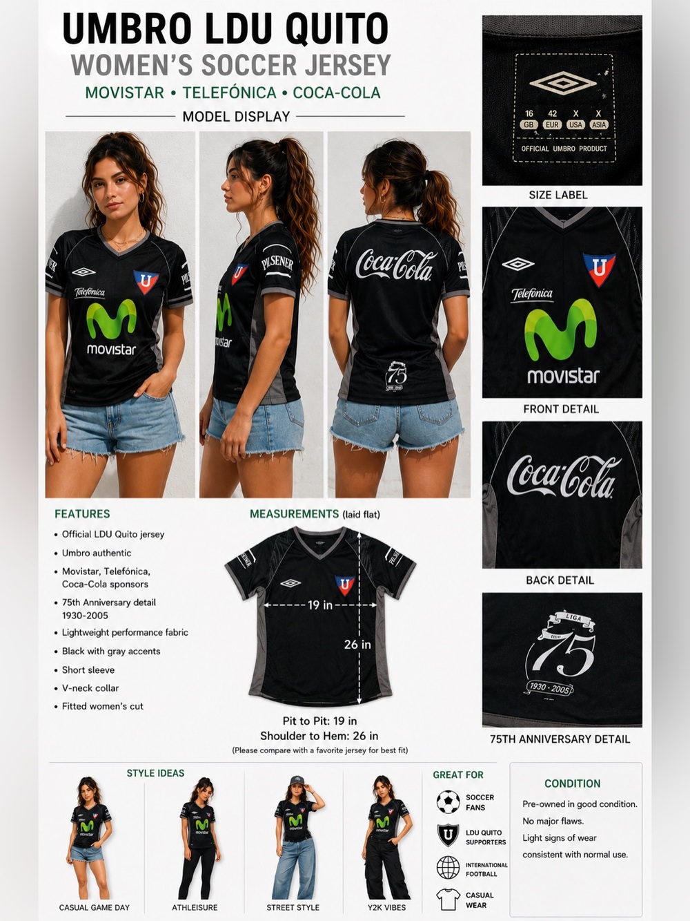 Umbro LDU Quito Movistar 75th Anniversary Soccer Jersey Women's XL EU 42 Black